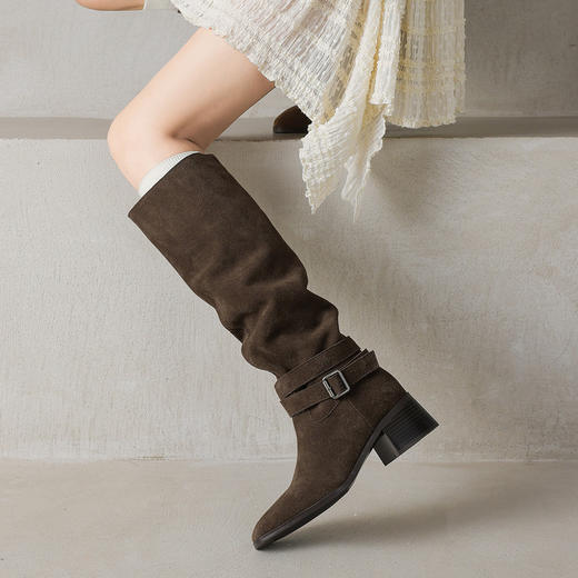 【预售7天】褶皱堆堆时装靴女粗跟显瘦百搭软皮长靴西部靴高筒骑士靴KYD&KK12780 商品图0