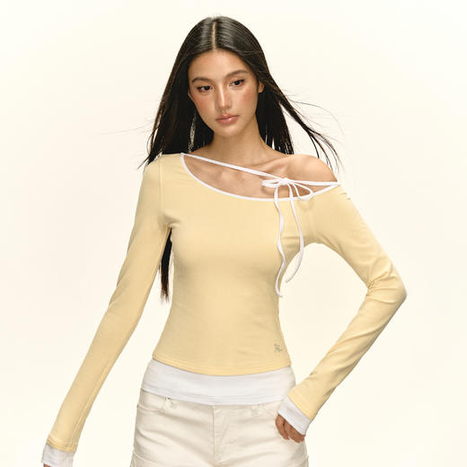 Ariseism 美式复古设计感斜肩长袖t恤女秋季新款修身百搭上衣 商品图0