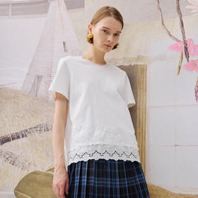 谜底简约T恤短袖2025年冬季新品纯棉亲肤下摆拼接蕾丝女254MT1723