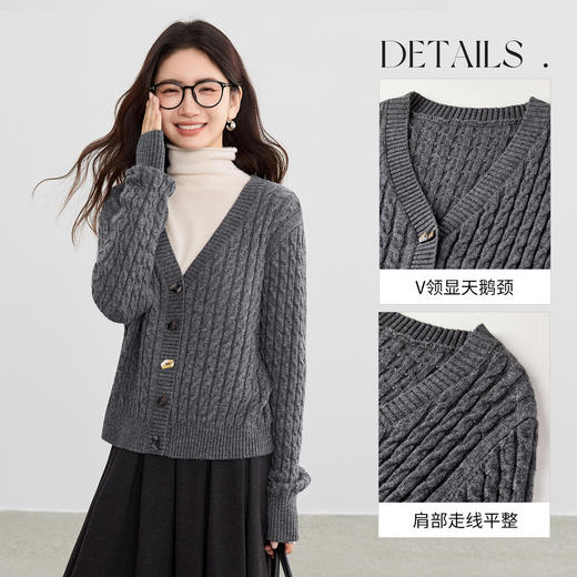 【内购】【巴素兰羊毛】简约通勤V领撞色异形扣麻花绞花肌理开衫针织衫-W53HB3137 商品图3