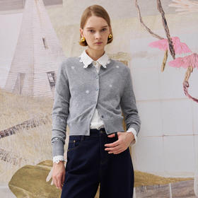 谜底针织开衫长袖2025冬季新品贝壳扣波点印花毛衣女254MZ1897