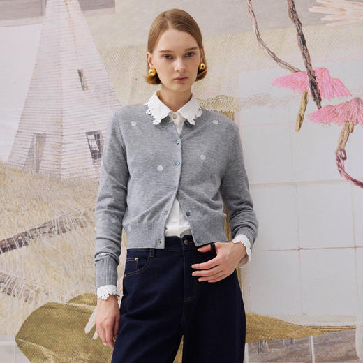 谜底针织开衫长袖2025冬季新品贝壳扣波点印花毛衣女254MZ1897 商品图0