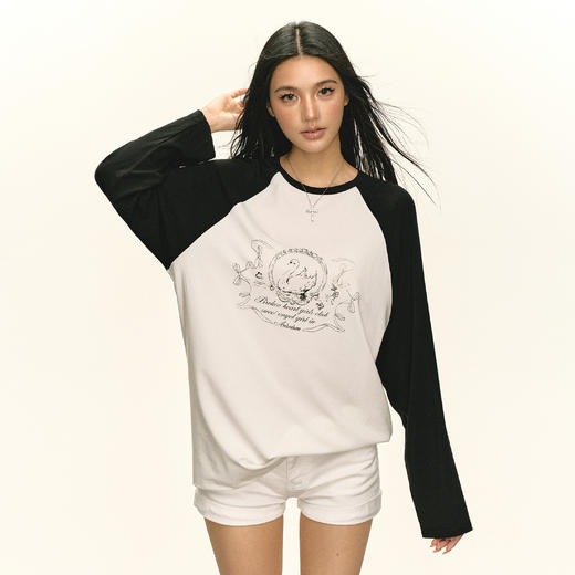 Ariseism 美式复古设计感印花长袖T恤女秋季新款插肩袖上衣 商品图0