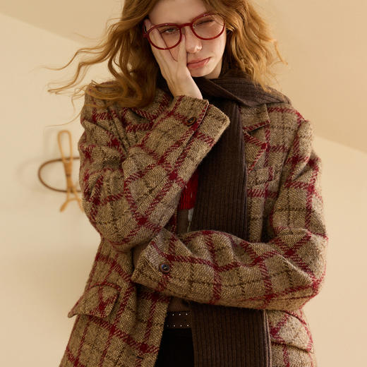 三彩独醒2025冬季新款格纹毛呢大衣西装宽松呢外套F 商品图3