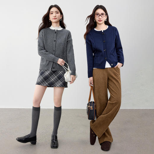 【内购】【云朵衫】简约圆领撞色单排扣麻花绞花肌理落肩袖超弹针织开衫-W53HE3405 商品图2