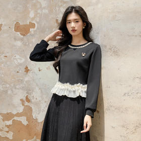 奢姿大码女装2025秋装新款胖妹妹珍珠饰边荷叶摆圆领长袖上衣9953170305