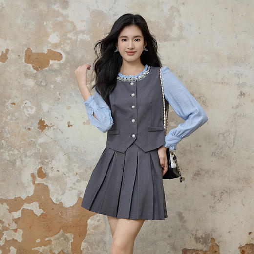 奢姿大码女装2025秋季时尚撞色百褶裙套装胖妹妹气质减龄两件套9953994216 商品图4