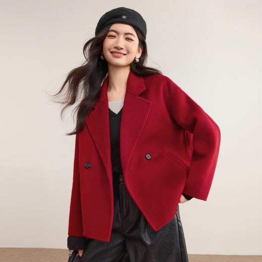 【内购】【100%绵羊毛】简约通勤西装领两粒扣长袖短款保暖厚毛呢外套-W54OA8777 商品图1