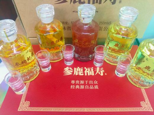 【活动：2箱9折 3箱8折】参鹿福寿 5年高粱酒  250毫升*5瓶（人参枸杞酒，人参鹿鞭酒，鹿茸血酒，鹿筋酒，鹿尾酒） 商品图0