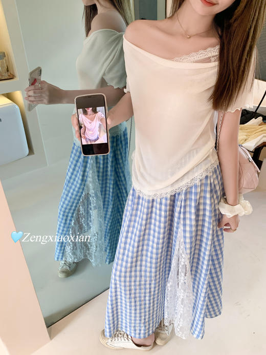 <曾小咸推荐>3.29现货秒杀！微信超特价！纯欲风杏色蕾丝边大领口短袖T恤 日常129.99 立减60 秒杀69.99！ 商品图11