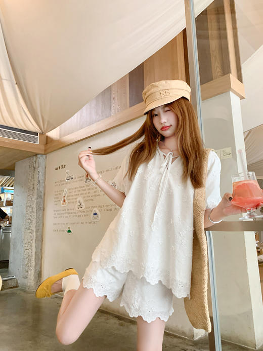 <曾小咸推荐>3.28现货秒杀！微信超特价！重工刺绣套装泡泡袖衬衫+短裤两件套 日常219.99 立减110 秒杀109.99/套！ 商品图7