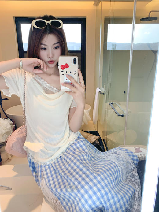 <曾小咸推荐>3.29现货秒杀！微信超特价！纯欲风杏色蕾丝边大领口短袖T恤 日常129.99 立减60 秒杀69.99！ 商品图8