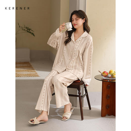 可人儿春秋季带胸垫奥力棉女士长袖长裤睡衣可外出纯棉家居服套装 商品图3