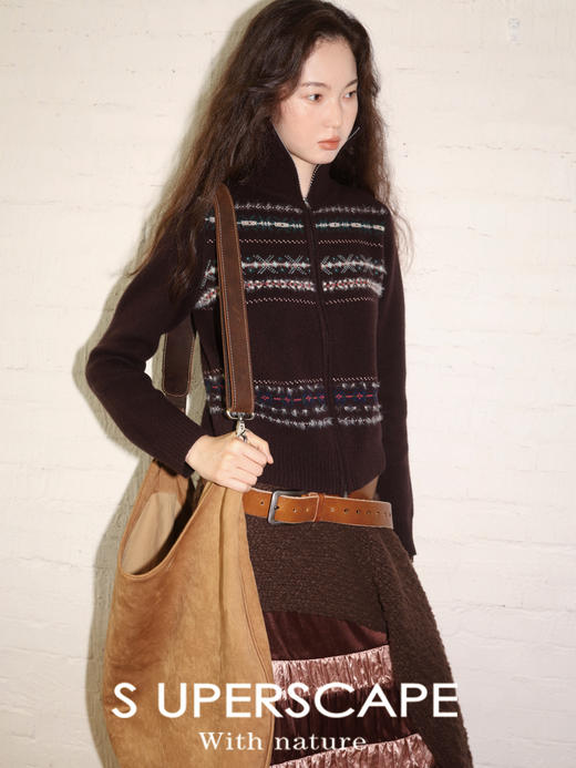 素舶 澳洲美利奴羊毛光泽细腻雪花费尔岛高领拉链短款针织开衫 商品图1