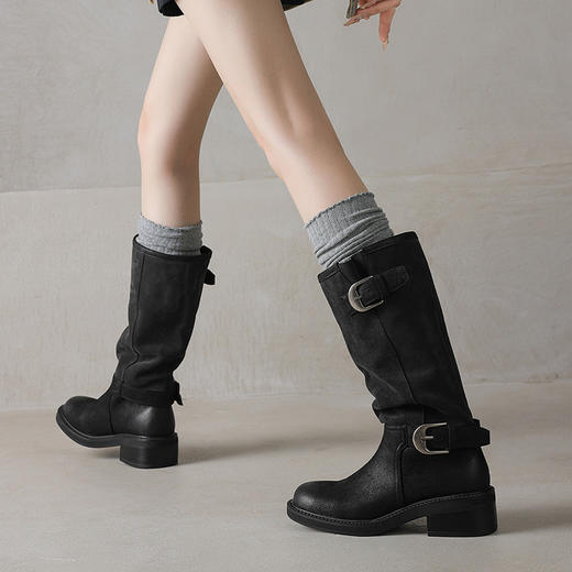 【预售7天】真皮厚底英伦风皮带扣中筒靴子堆堆靴骑士靴女圆头长筒靴KYD&KK12950 商品图2