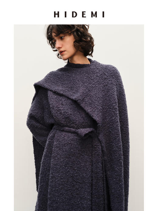 HIDEMI 羊驼毛系列静谧蓝加厚浴袍式腰带款慵懒大衣两件套 大衣/长坎肩 商品图1