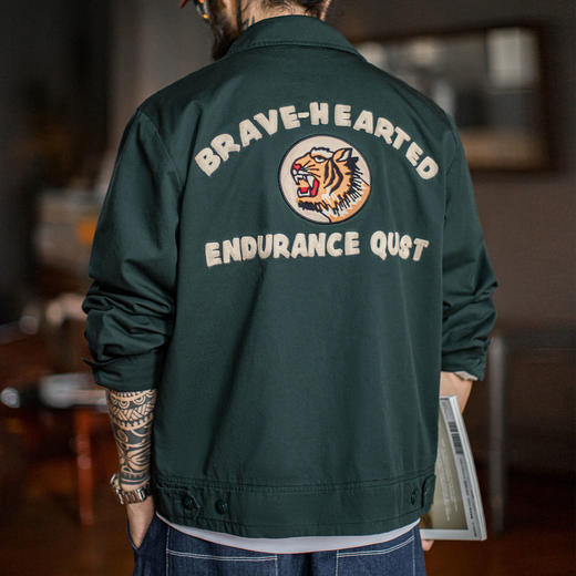 马登工装美式复古刺绣教练夹克翻领墨绿色纯棉重磅长袖外套男秋 商品图0