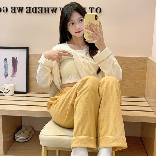 秋季新款学生家居服可外穿带胸垫睡衣女春秋季提花棉长袖圆领甜美可爱可外穿女士家居服套装 商品图6