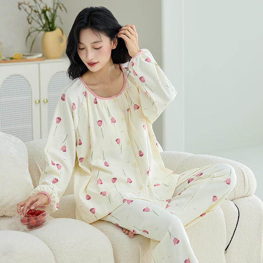 睡衣女春秋季开衫纯棉长袖长裤蕾丝甜美可爱可外穿女士家居服套装 商品图1