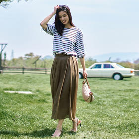 23区日系秋季通勤宽松纯棉圆领套头条纹五分袖T恤针织衫商场同款