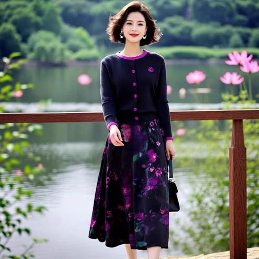 品牌女装店气质大方手钩山茶花针织衫+半身裙套装两件套 商品图1
