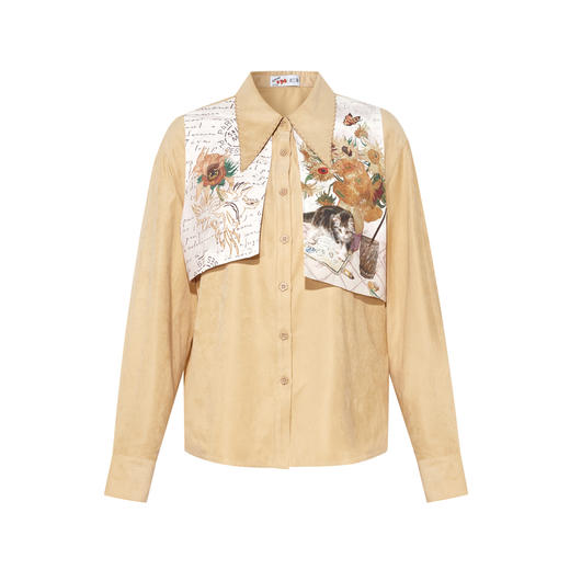 两三事梵高文艺 秋日暖阳 2025秋季新款文艺风印花拼接假两件衬衫 商品图4