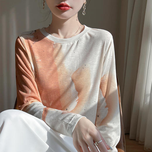 奥伊米优雅气质100%天丝初秋圆领水墨画晕染风薄款打底衫YTMA78 商品图3