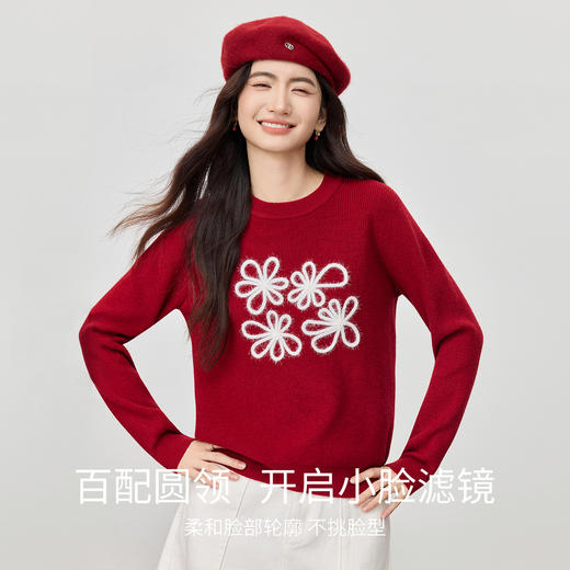 【内购】【好运花】时尚设计感亮丝花朵图案圆领直筒软糯弹力小米绒毛衣-W53EE3864 商品图1