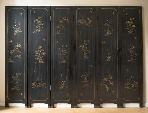 【已售】独角鹿西洋古董20世纪中国出品庭院仕女主题百宝嵌装饰螺钿木胎黑漆描金六曲屏风 商品图6