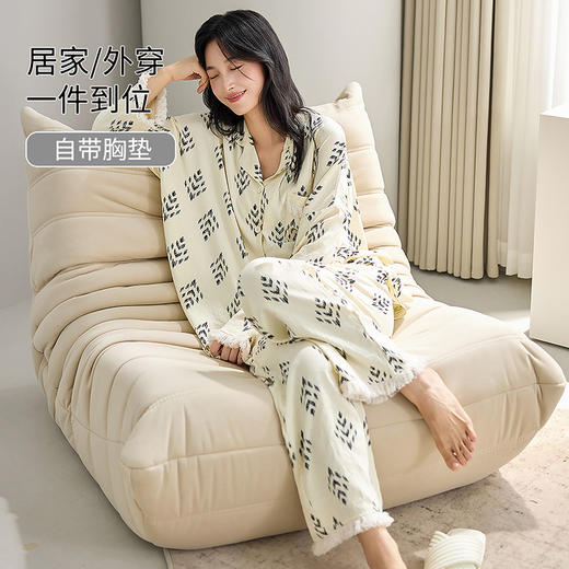 睡衣女长袖2025新款带胸垫开衫可外穿云朵棉春秋季薄款家居服套装 商品图3