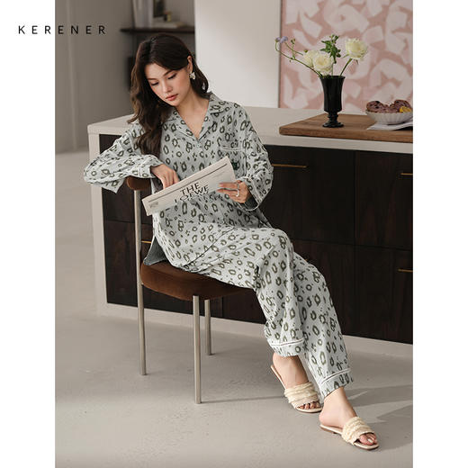 可人儿春秋季带胸垫奥力棉女士长袖长裤睡衣可外出纯棉家居服套装 商品图2