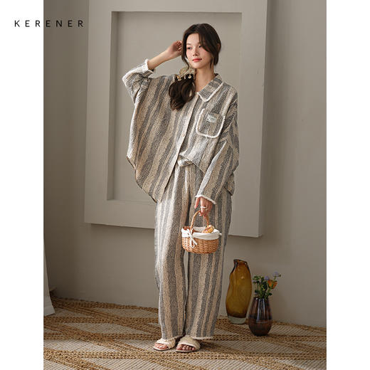 可人儿春秋季带bra泡泡绵女士长袖长裤睡衣可外出小众家居服套装 商品图2