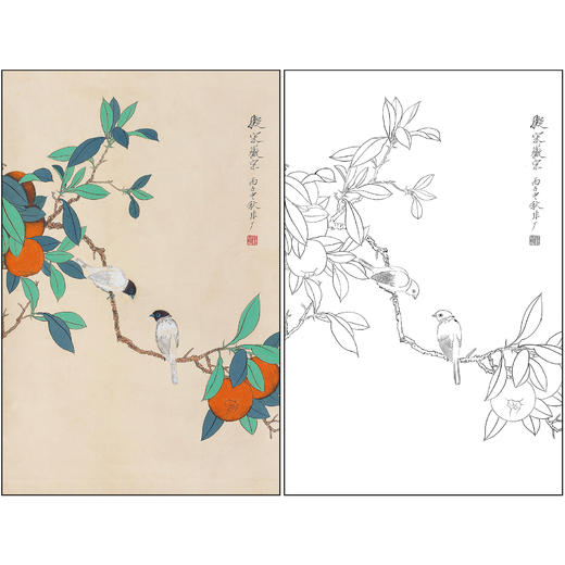 工笔画白描底稿于非闇花鸟《红柿小鸟》临摹勾线高清打印稿FA45 商品图0