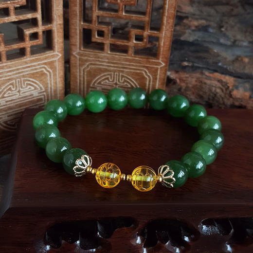 【天然正品】天然细腻菠菜绿约9.5MM碧玉猫眼和田玉手串9.5号（皆取最大值）女士120925NJM12现售价：780特价 商品图5