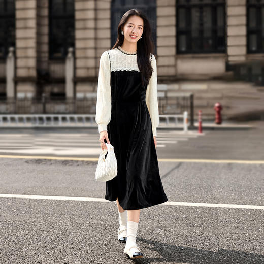 【内购】【假两件】通勤聚会褶艺圆领撞色拼接蕾丝网纱灯笼袖丝绒连衣裙-W54LI3356 商品图2