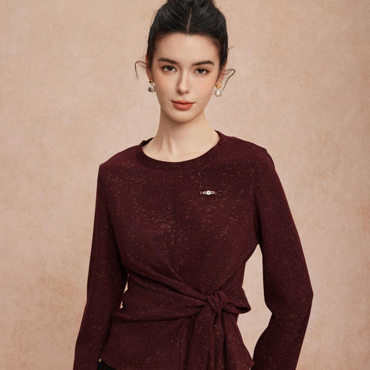 QG700斯尔丽25新款两件套圆领腰部收褶系带设计时尚搭A字半裙通勤套装 商品图2