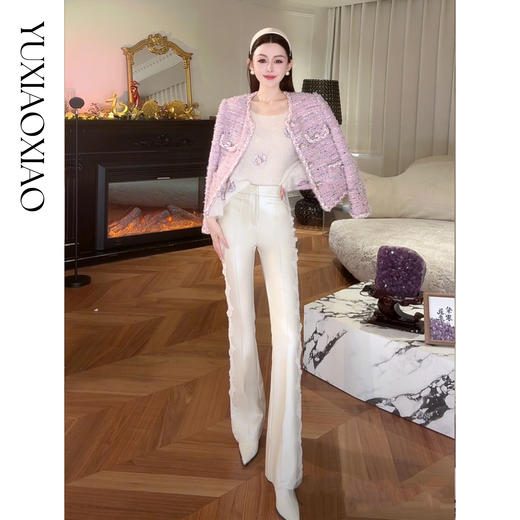 余潇潇【花魁腿精】显瘦质感拼接精致蕾丝花边显高微喇喇叭裤 商品图4