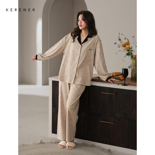 可人儿春秋季带胸垫奥力棉女士长袖长裤睡衣可外出纯棉家居服套装 商品图2