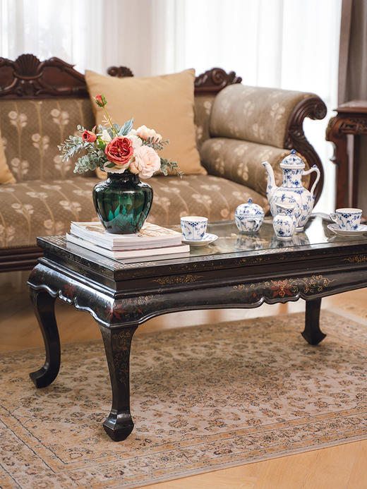 独角鹿西洋古董20世纪中国出品庭院仕女抚琴主题寿山石及螺钿镶嵌黑漆描金矮桌几 商品图2