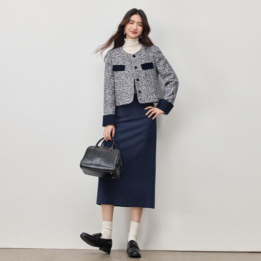 【内购】【免搭配套装】通勤圆领垫肩短款夹棉保暖外套&磨毛开叉A字半身裙-154ZA3552 商品图2