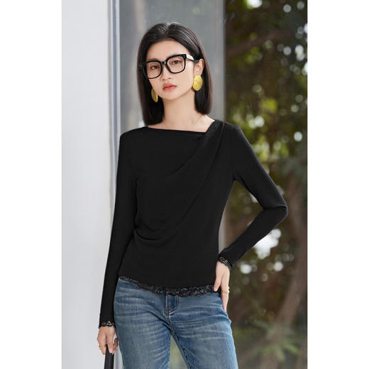 剩S/M/L/XL 西梅紫一字领T恤 米思阳2026春季新款纯色百搭长袖T恤女4397 商品图1