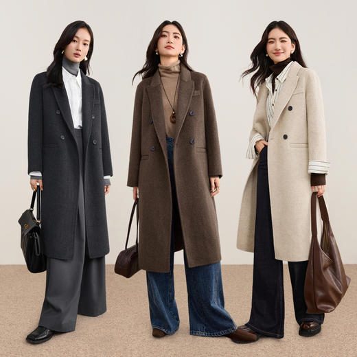 【内购】【绵羊毛】英伦风戗驳领双排扣宽松显瘦厚保暖中长款双面呢大衣-W54OA8769 商品图2