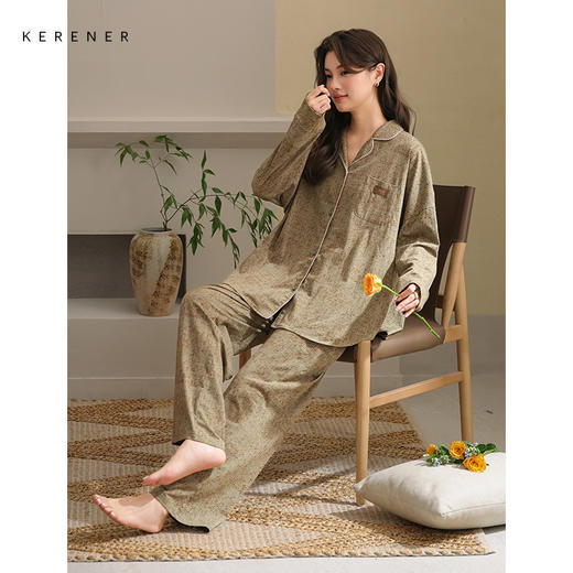 可人儿春秋季带胸垫奥力棉女士长袖长裤睡衣可外出纯棉家居服套装 商品图3