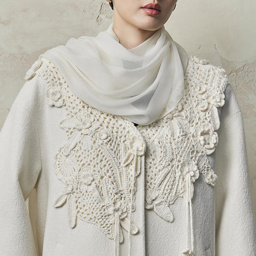 【林栖设计小店】【手工钩花】绵羊毛外套上衣配丝巾2025秋冬新款大衣女1953050 商品图3