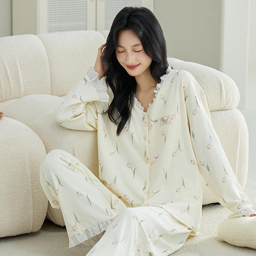 睡衣女春秋季开衫纯棉长袖长裤蕾丝甜美可爱可外穿女士家居服套装 商品图9