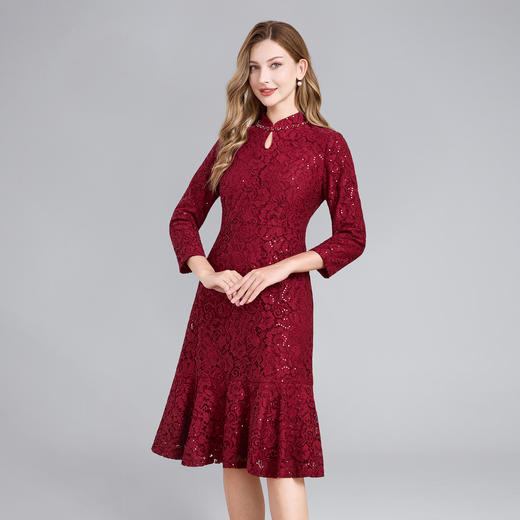 「高货deo」全新升级【铂金会员468/天猫629/差价161】(00724)洛诗琳新款蕾丝连衣裙2025秋季气质优雅立领收腰鱼尾裙 商品图0