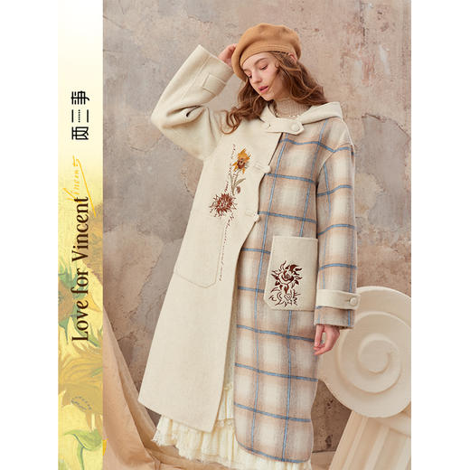 两三事梵高文艺薄雾诗行2025秋冬款向日葵绣花连帽格子毛呢外套女 商品图0