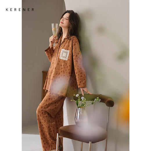 可人儿春秋季带胸垫奥力棉女士长袖长裤睡衣可外出纯棉家居服套装 商品图2