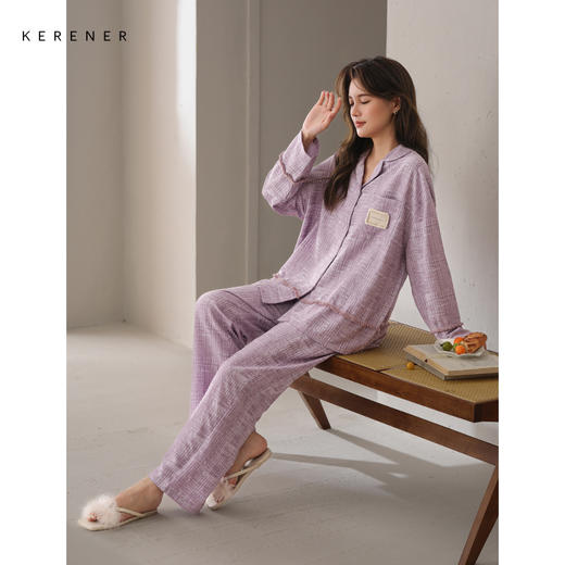 可人儿春秋季带bra泡泡绵女士长袖长裤睡衣可外出小众家居服套装 商品图2