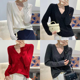 女士内搭长袖针织水钻V领针织开衫【FF25851】